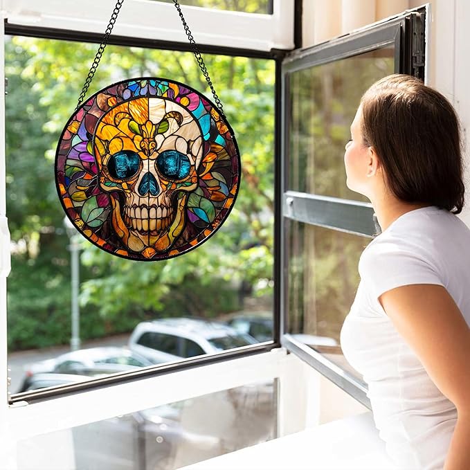 Stained Glass Window Hanging Halloween Retro European Colorful Skull 9.8" - Suncatcher Door Garden Sun Catcher Gothic Decor Birthday Horror Funny Gift for Mom Woman Nana Friend Men