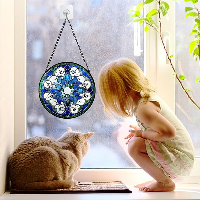 Stained Glass Window Hanging, Boho Style Sun Catchers Diamond Glass Panel Hangings Tiffany Suncatcher Decor for Birthday for Women, Men, Wife, Aunt, and Mom 6.3 in