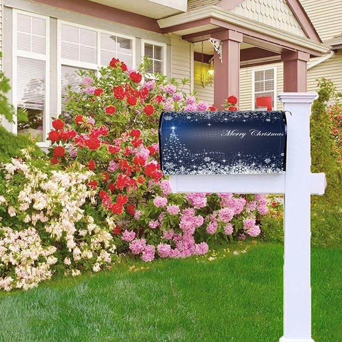 Christmas Mailbox Covers Blue Winter Snowflake Tree Magnetic Letter Post Box Cover Standard Size 25.5 x 21 Inch Garden Yard Home Decorative