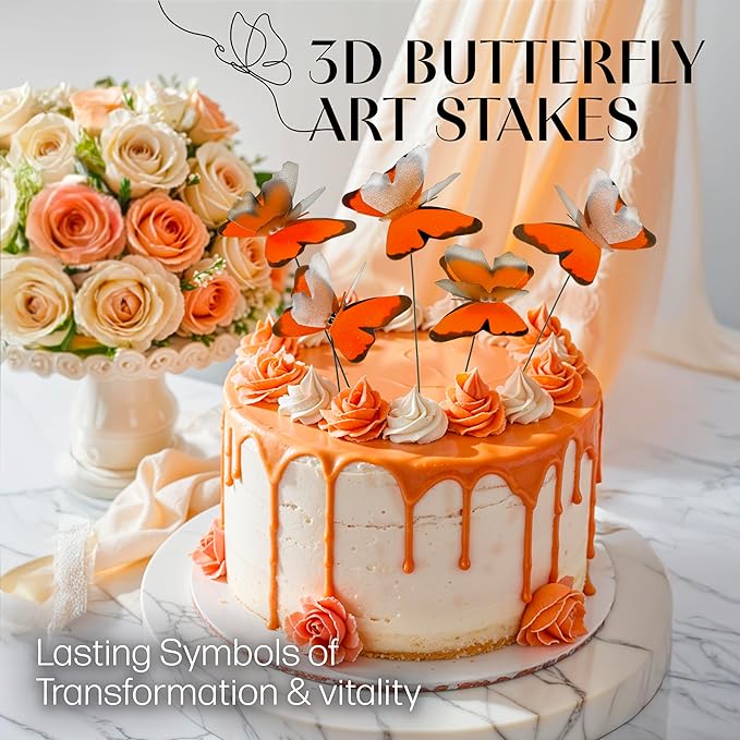 Handmade Orange Butterfly Garden Stakes Set of 7 - Decorative Outdoor & Indoor Plant Decor - Nature Lover Gift Idea by Air Aquarium Kushner