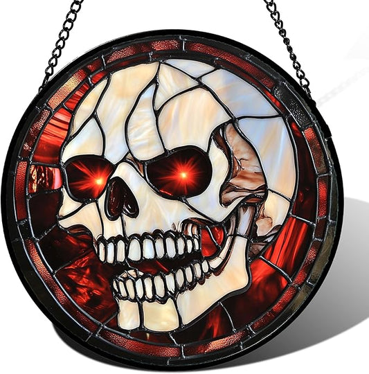 Stained Glass Window Hanging - Halloween Decorations White Skeleton Suncatcher for Doors Garden Indoor Spooky Funny Red Sun Catchers Gothic Decor Horror Gifts for Women Men Friend 7.8 in