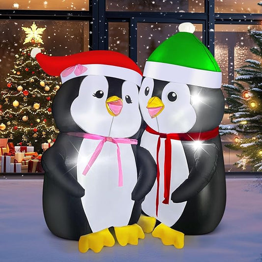 Christmas Inflatables Outdoor Decorations, with Rotating Colored Light+LED Lights, Large Blow Up Yard Decor,Christmas Party Outdoor, Yard, Garden, Lawn Winter (5FT Lovers Penguins)