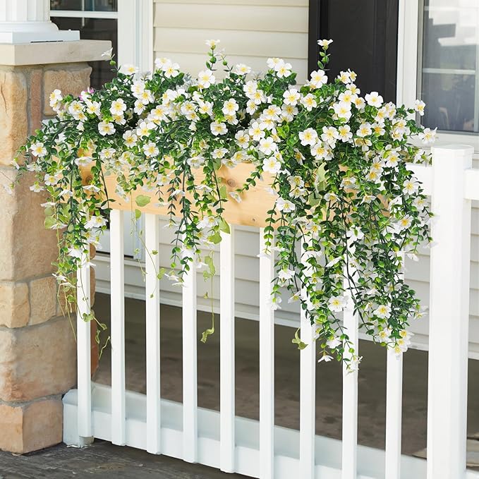 RECUTMS Artificial Flowers for Outdoors Fake Hanging Plants 4 Pcs UV Resistant Silk Daisy Flower Realistic Faux Trailing Vine for Wall Yard Porch Balcony Indoor Outdoor Planters (White)