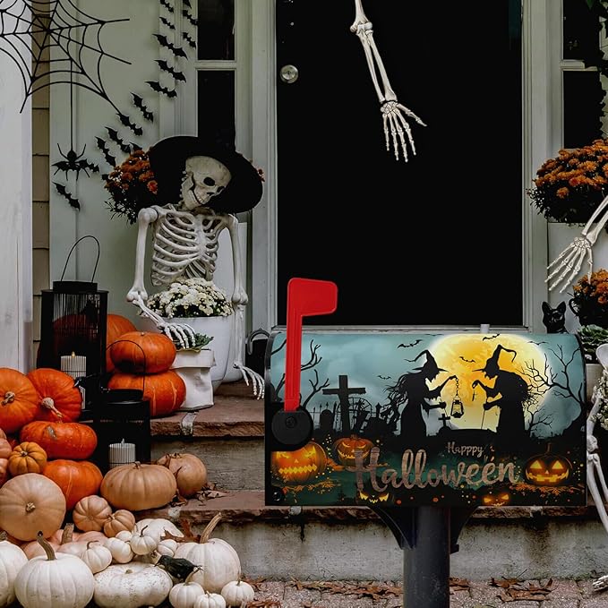 Halloween Witch Moon Mailbox Covers Magnetic 25.5 x 21 Inch Halloween Pumpkin Lanterns Seasonal Pattern Home Houses Mailbox Wraps Letter Box Cover Decorations Large Size for Outdoor