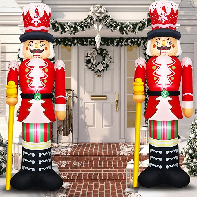 Christmas Inflatables Nutcracker Decoration Blow Up 8FT Santa Figurine Red & White Soldier with Candy Cane Stripes, Staff & Crown Hat Festive Holiday Decor for Lawn, Garden Xmas Display