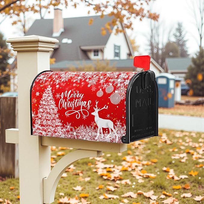 Merry Christmas Mailbox Covers Magnetic Large Size 25.5 x 21 Winter Deer Snowflake Oversized Mailbox Cover Xmas Tree Post Letter Box Cover for Outside Garden Yard Red