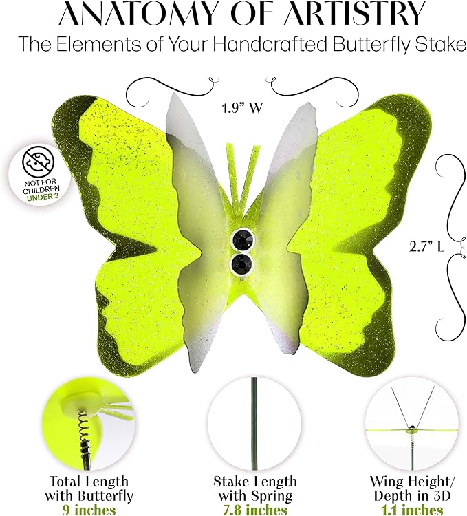 Handmade Yellow Butterfly Garden Stakes Set of 7 - Decorative Outdoor & Indoor Plant Decor - Nature Lover Gift Idea by Air Aquarium Kushner