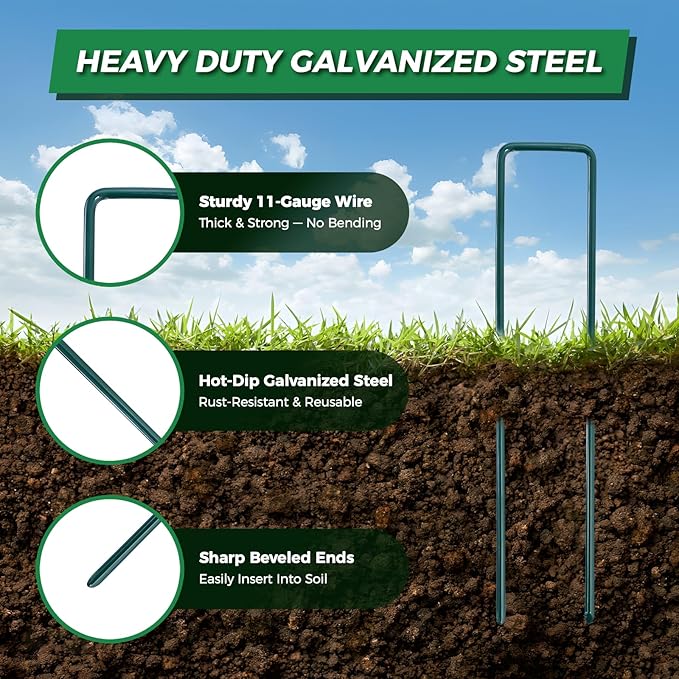 200pcs 6 Inch Green Artificial Turf Stakes Staples+200pcs Washer+Pick Hook+Rubber Mallet,11 Gauge Landscape Staples, Galvanized Lawn Spikes Yard Ground Pin for Artificial Grass Weed Barrier Sod Fabric