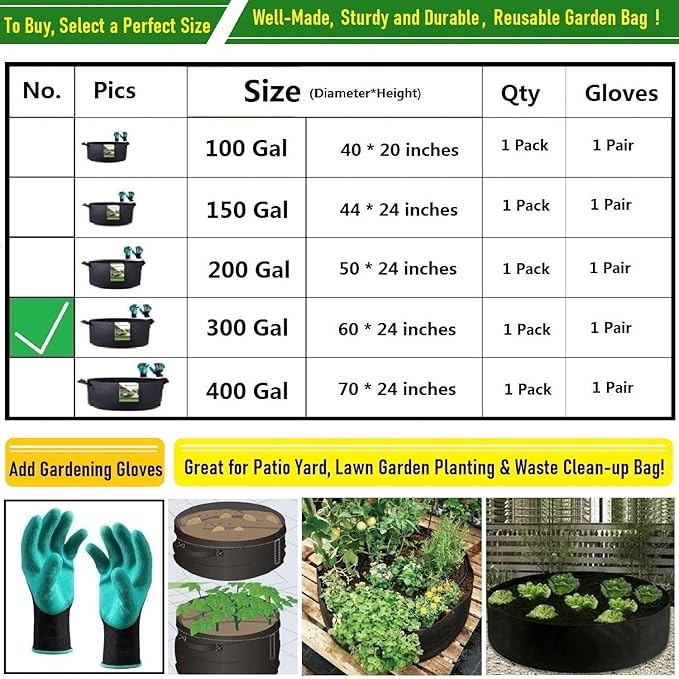 300 Gallon Large Raised Garden Bed Bag (60x24 inch) Big Garden Bag Sturdy Plant Grow Bag for Potato,Tomato Planter,Herb Veggies Planter Bag,Flower Bed,Yard Waste Bag,Lawn Debris Bag,Leaf Bag W/ Gloves