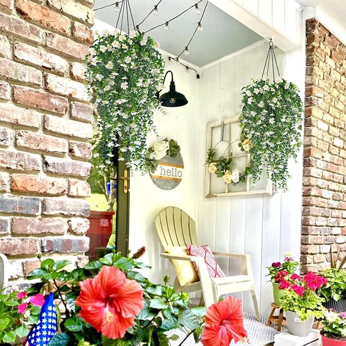 RECUTMS Artificial Flowers for Outdoors Fake Hanging Plants 4 Pcs UV Resistant Silk Daisy Flower Realistic Faux Trailing Vine for Wall Yard Porch Balcony Indoor Outdoor Planters (White)
