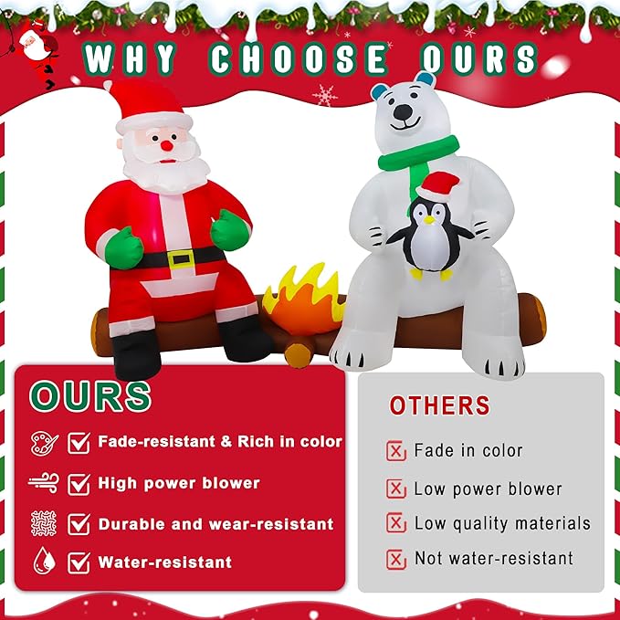 10FT Long Christmas Inflatables Decorations, Outdoor Santa & Polar Bear Campfire Giant Blow Up with Built-in LED Lights for Yard Garden Lawn Holiday Decor
