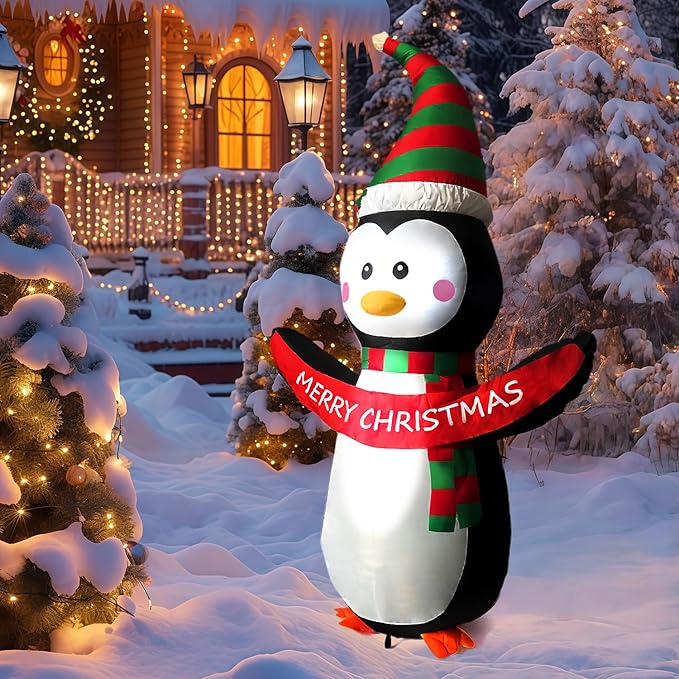 HONGLAND 4 FT Christmas Inflatables Giant Penguin Outdoor Decorations, Built-in Bright LED Light with Merry Christmas Sign, Weatherproof Holiday for Garden Lawn Patio Party Xmas Gifts