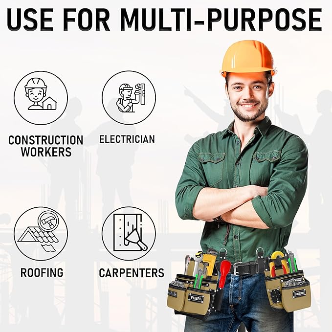 FUERI Tool Belt Leather Nylon Heavy Duty 19 Pocket Bag Pouch for Men Carpenter Electrician Bags Pouches Holder Organizer Foam Padded Belts Suspender Loops Set