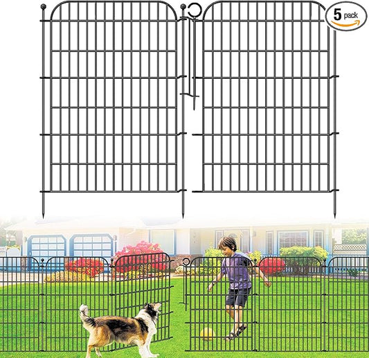 5 Panels No Dig Decorative Garden Fence with Gate for Yard, Total 11.8 ft(L) X 40 in(H) Animal Barrier Fencing for Dog, Patio Rustproof Metal Wire Panel Border, Temporary Tall Fence with Ground Stakes
