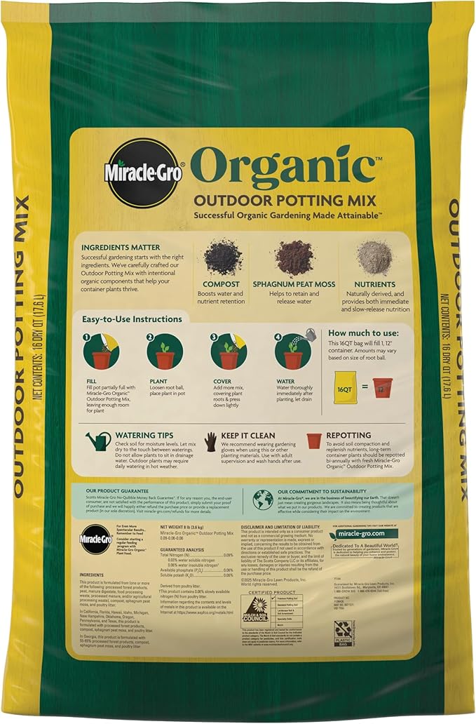 Miracle-Gro Organic Outdoor Potting Mix, for Outdoor Container Plants, Contains Quick-Release Natural Fertilizer, OMRI Listed, 16 qt., 2-Pack
