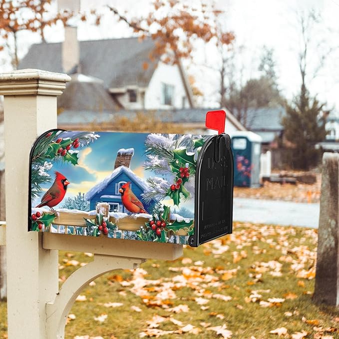 Christmas Magnetic Bird Mailbox Cover 21 x 25.5 Inch Winter Post Cover Wrap Decor