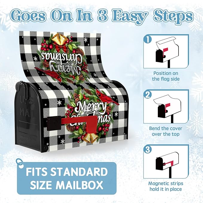 Merry Christmas Mailbox Covers Magnetic Large Size Winter Buffalo Plaid Mailbox Post Cover Oversized Xmas Snowflake Mailbox Wraps Holiday Mailbox Decor Waterproof 25.5 X 21 Inch