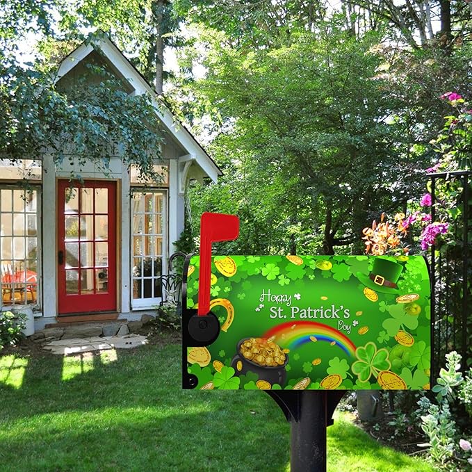 Happy St Patrick's Day Mailbox Cover Magnetic Large Size 25.5" X 21" Shamrock Clovers Rainbow Green Hat Oversized Mailbox Covers Gold Coins Patrick Mail Post Letter Box Wrap Outdoor Decor