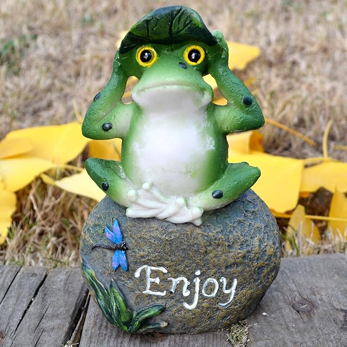 Inspirational Frogs Garden Statues, 3 Pack Frog Sitting on Stone Sculptures Outdoor Decor for Patio, Yard, Pond & Fairy Garden