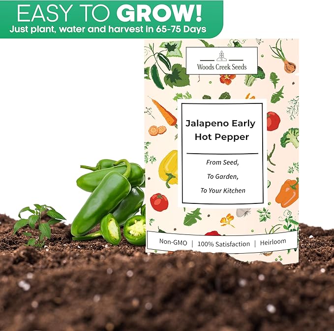 Woods Creek Seeds: Jalapeño Early Hot Pepper Seeds for Planting - Heirloom Non-GMO Jalapeno Seeds for Planting - Beginner Friendly Jalapeno Pepper Seed Pack for Indoor, Outdoor & Home Garden