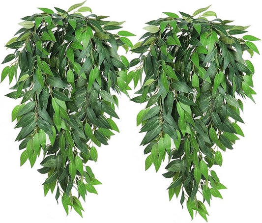 RECUTMS Artificial Hanging Willow Leaves Vine Twigs 2PC, Fake Silk Weeping Willows Leaf Plant Faux Italian Ruscus Greenery Indoor Outdoor Home Garden Wedding Arch Jungle Birthday Party Spring Decor