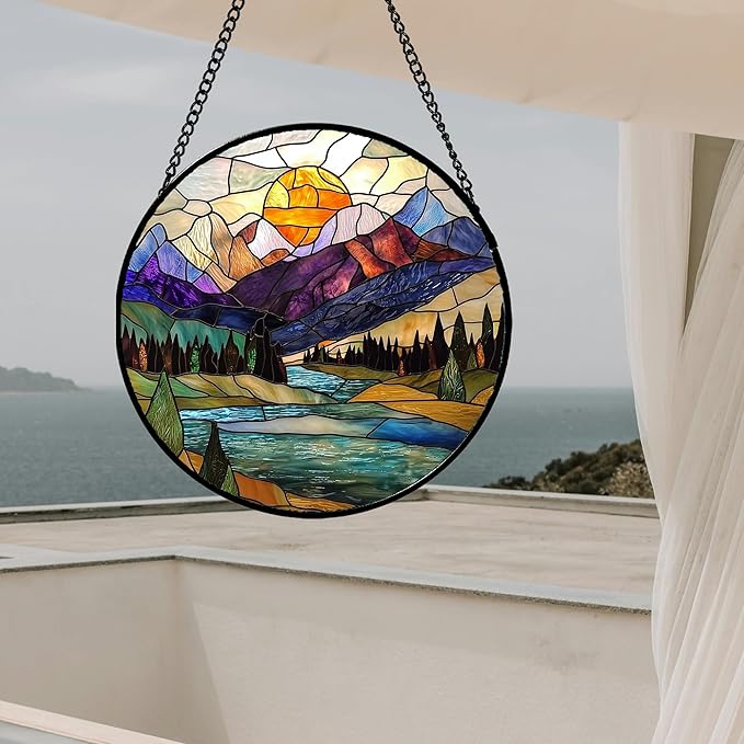 Stained Glass Window Hanging, Blue Lake Golden Sun Abstract Mountains Landscape Suncatcher for Doors Window Home Sun Catchers Decor Mother's Day Birthday Gifts for Women Men Mom 15 in