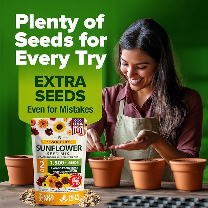 HOME GROWN Sunflower Seeds Mix Pack 1,500+ 9 Colorful Varieties of Sun Flower Seeds to Plant - 2-10ft Tall Plants, Pollinator Friendly – Easy to Grow, High Germination