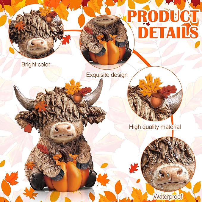 Karenhi 2 Pcs Highland Cow Figurines Thanksgiving Pumpkin Maple Highland Cow Gnomes Leaf Scottish Resin Statue Calf Lovers Gifts for Fall Home Garden Kitchen Office Tiered Tray Table Decor