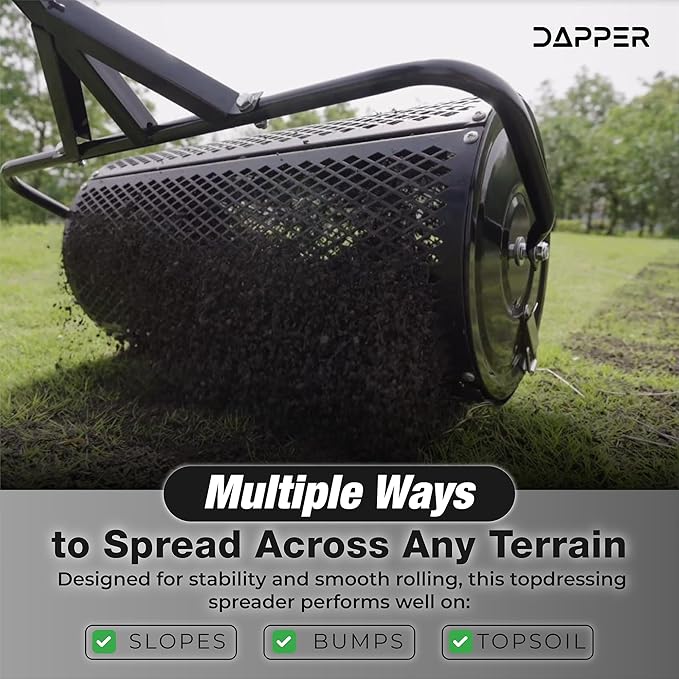 Compost Spreader, 24.4-25.6" Height Adjustable Handle, 24" Wide, Lawn and Garden Peat Moss Roller with Side Latches, Powder Coated Steel Mesh Basket for Spreading Manure, Topsoil, Black