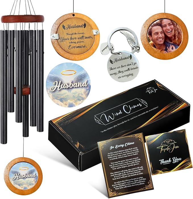 Personalized Memorial Wind Chimes with Custom Photo Pendant & Letter from Heaven | Sympathy Gift for Loss of Loved One, 32-Inch Outdoor Chime for Remembrance (Husband)