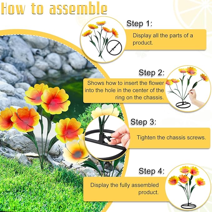 2 Pack Metal Flowers for Outdoor, Decorative Garden Stakes Yard Art, Outdoor Spring Garden Stake Summer Decor Bouquet of Poppy Flower Rustic Handcrafted Items for Lawn Porch Fence(Yellow)