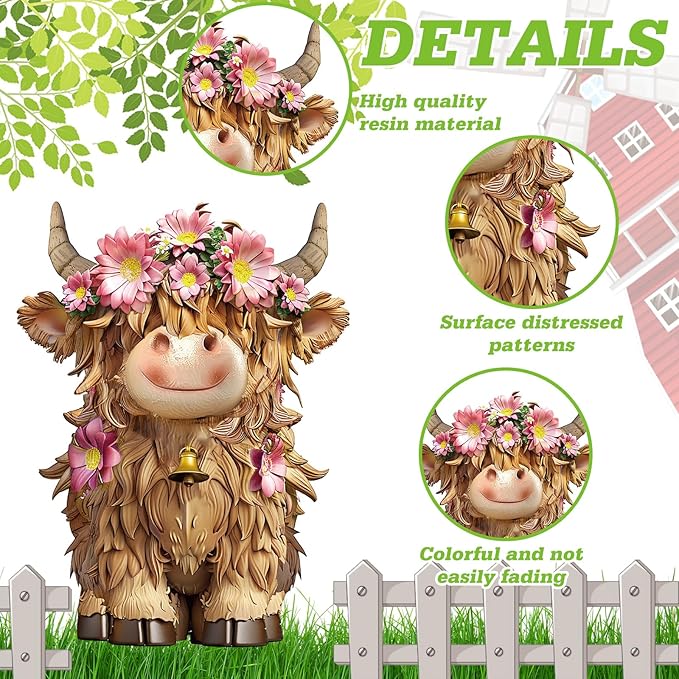 2 Pcs Highland Cow Figurines Decor Daisy Flower Highland Cow Gnomes Resin Statue Calf Lovers Gifts for Farmhouse Home Garden Kitchen Office Tiered Tray Table Decor