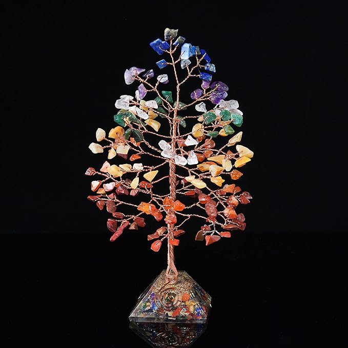 7 Chakra Crystal Tree with Orgone Pyramid Base Spiritual Desk Decor Healing Crystals Bonsai Tree Gifts for Women Office & Shelf Home Room Decor for Mom Sister Girlfriend Present Housewarming