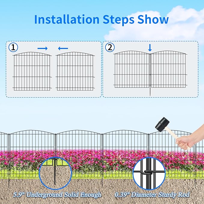 INJOPEXI Garden Fence 12 Panels 23.6ft (L)×24in (H) Decorative Garden Fences with 12 Panels Rustproof Wire No Dig Animal Barrier Fencing Dog Fence for Yard Outdoor Patio - Without Fence Gate