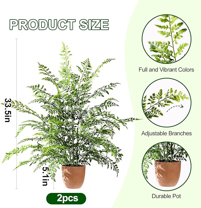 2 Pack Artificial Fern Plants in Pots Artificial Boston Ferns Potted Plants Faux Fern Bush Plant Shrubs Greenery for Outdoor Indoor Porch Patio Farmhouse Garden Living Room Office Table Decor (Type 5)