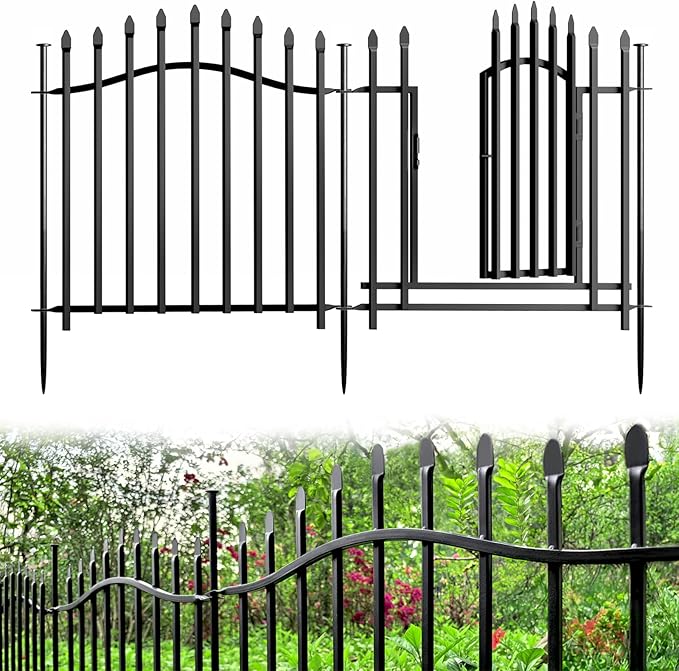 10 Panels No Dig Garden Decorative Fence with Gate - 24in H x 22.5ft L, Heavy-Duty Square Tube Animal Barrier, Rustproof Dog Fence for Outdoor Yard & Patio Protection
