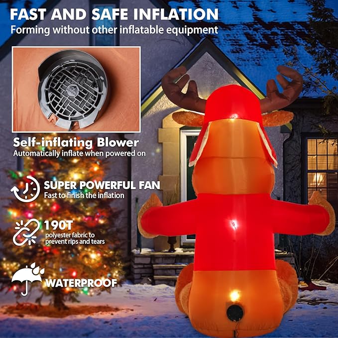 6 FT Christmas Inflatable Outdoor Decorations, Inflatables Plush Reindeer Yard Decor with Christmas Hat & Sweater, Built-in LED Lights Blow up Xmas Deer Holiday Decorations for Outside Lawn Garden
