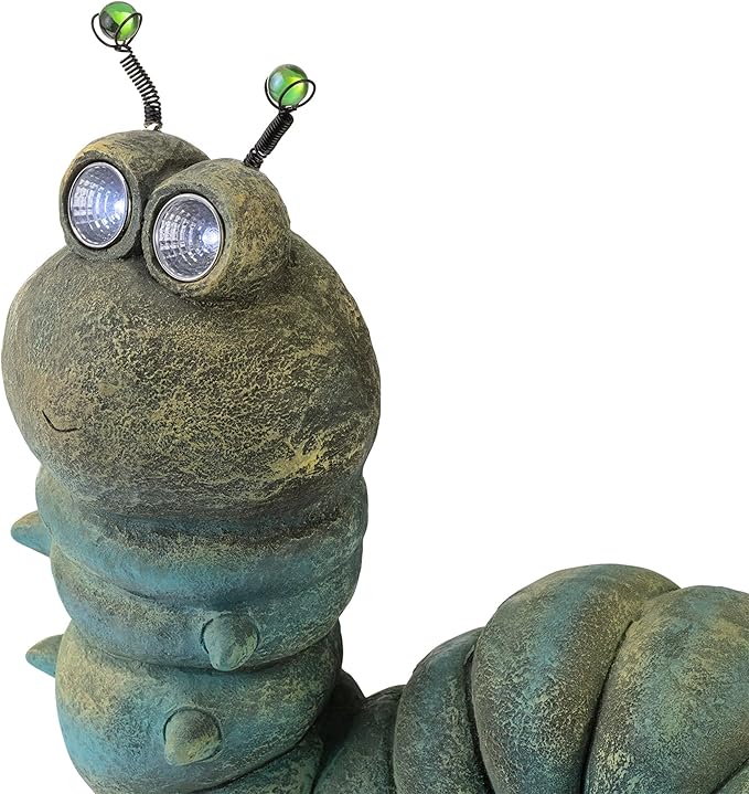 Alpine Corporation FCC121SLR Outdoor Solar Powered Garden Caterpillar Statue with LED Lights, 16" H, Green