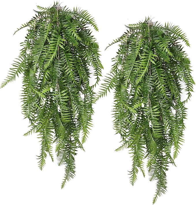 RECUTMS Fake Hanging Plants Artificial Boston Ferns Ivy Vines Leaves Foliage UV Resistant Faux Greenery Plastic Garland for Outdoor Indoor Room Front Porch Wedding 2 Pack(Green)
