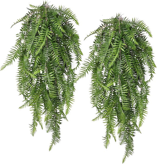 RECUTMS Fake Hanging Plants Artificial Boston Ferns Ivy Vines Leaves Foliage UV Resistant Faux Greenery Plastic Garland for Outdoor Indoor Room Front Porch Wedding 2 Pack(Green)