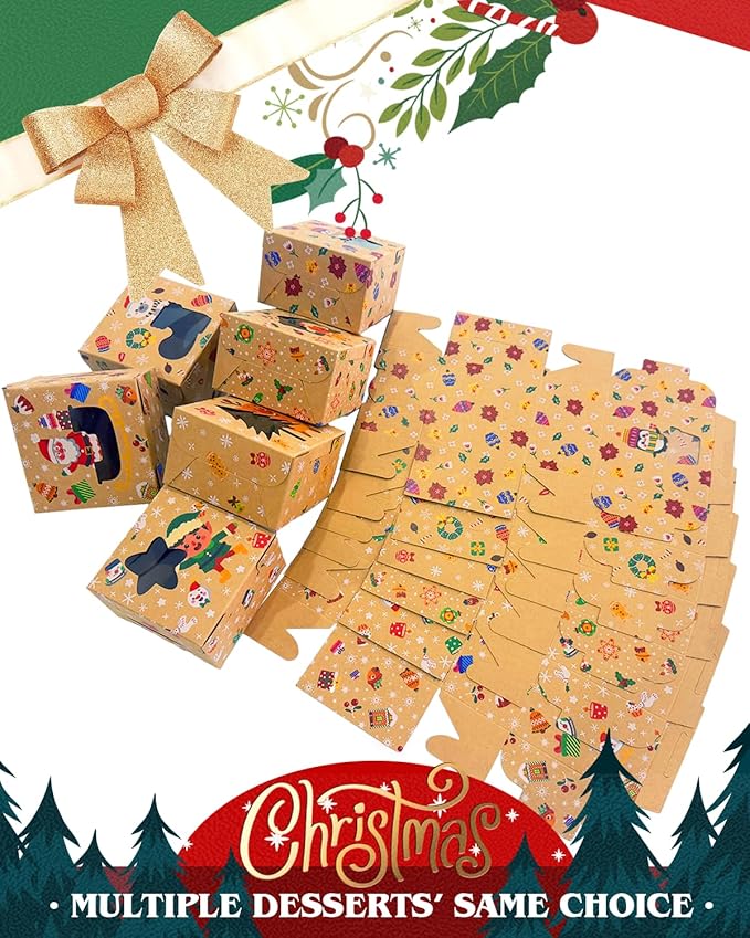 qiqee Christmas Shoes Bakery Boxes with Window 60pcs 4x4x2.5 Mini Cookie Boxes Macaron Boxes Small Donut Pastry Boxes for Christmas