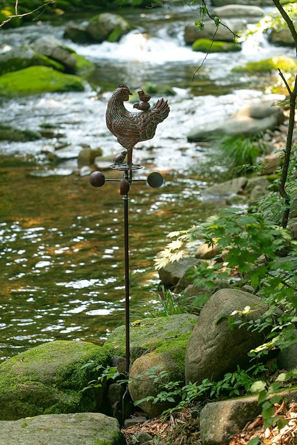 3D Large Metal Hen with Chicks Statue Wind Spinner,79" H Kinetic Garden Chicken Wind Sculpture,Mother Hen & Chicks Wind Vane,Metal Yard Art,Antique Copper Chicken Decorfor Outdoor Patio Lawn Yard
