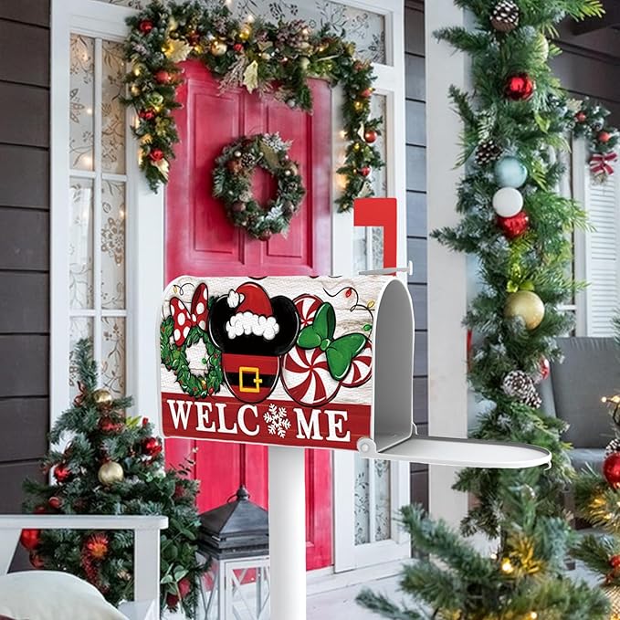 Welcome Christmas Santa Mailbox Cover Magnetic Standard Size 20.5" x 18", Xmas Peppermint Candy Wreath Decorative Post Letter Box Decor, Farmhouse Holiday Garden Yard Outdoor Decoration