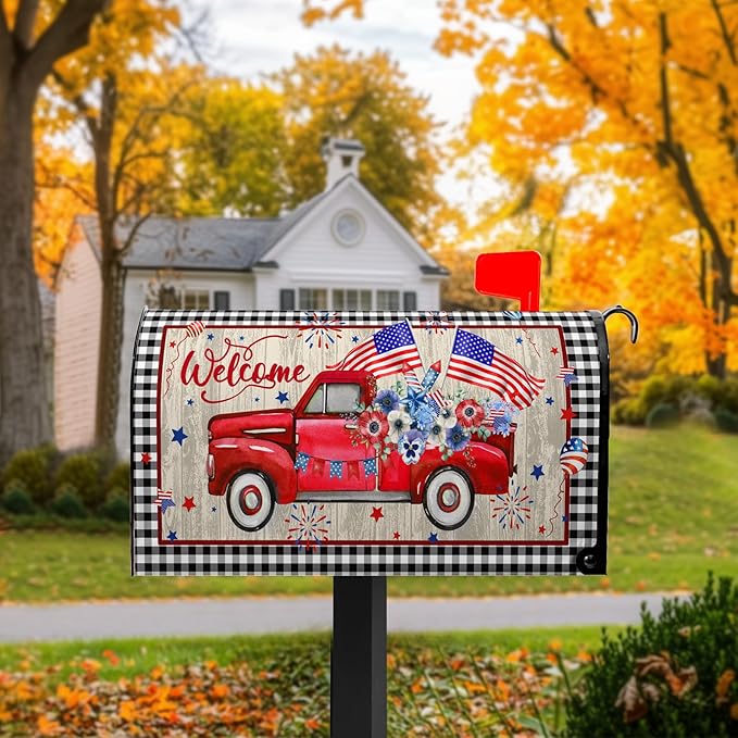 Welcome Red Truck Mailbox Cover 4th of July Mailbox Covers Magnetic Patriotic Post Letter Box Wrap Standard Size 21x18 in for Outdoor Garden Mail Box Decor Floral Buffalo Plaid