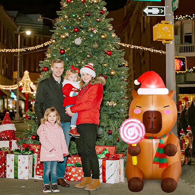 anroog Christmas Inflatable Outdoor Decorations Capybara Inflatables 4.92ft Christmas Blow Up Capybara Hold Lollipop Candy Yard Decor with Led Lights Xmas Holiday Garden Lawn Outside Decor