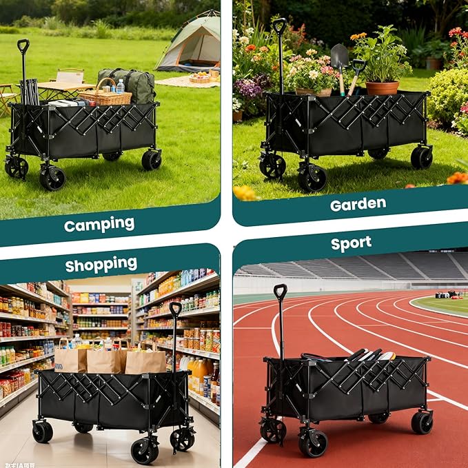 NEWBULIG Collapsible Wagon Cart - 440lbs Foldable Extra Long Heavy Duty Utility Wagon with Wheels, Portable Storage Grocery Cart for Camping, Shopping, Sports, Beach, Garden