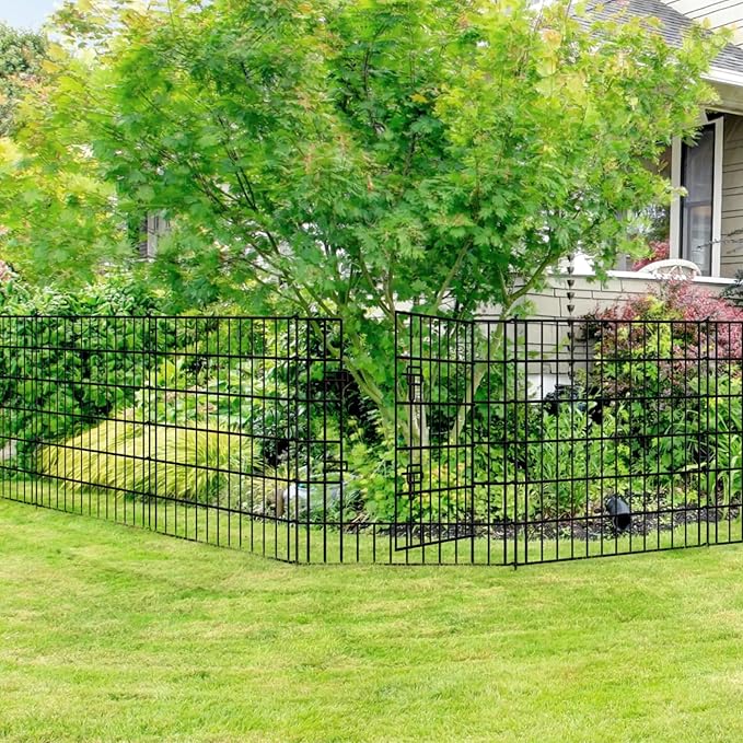 Metal Garden Fence 32 inch H x 28 inch W, 10 Panels (9 Panels + 1Gate), Total 23 ft, No Dig Fence Rustproof Animal Barrier Fencing for Dog, Rabbits, and Patio,Yard