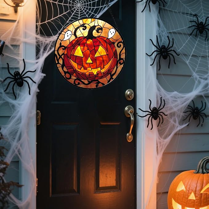 Stained Glass Window Hanging - Halloween Decorations Evil Pumpkin Orange Suncatcher for Doors Garden Indoor Funny Spooky Sun Catchers Gothic Decor Horror Gifts for Women Men Friend 7.8 in