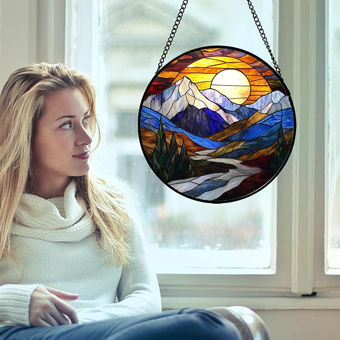 Stained Glass Window Hanging, Yellow Blue Sunset Mountains Scenery Sun Catcher for Window Home Decor Landscape Suncatcher Mother's Day Birthday Gifts for Women Men Mom and Nana 6.3 in