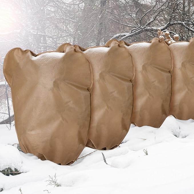 4 Pcs Winter Plant Covers Freeze Protection Reusable Plant Protector Bag with Drawstring Warm Shrubs Cover Frost Protection Planting Jacket Bags for Outdoor Garden, Brown (90.6 x 74.8 Inch)